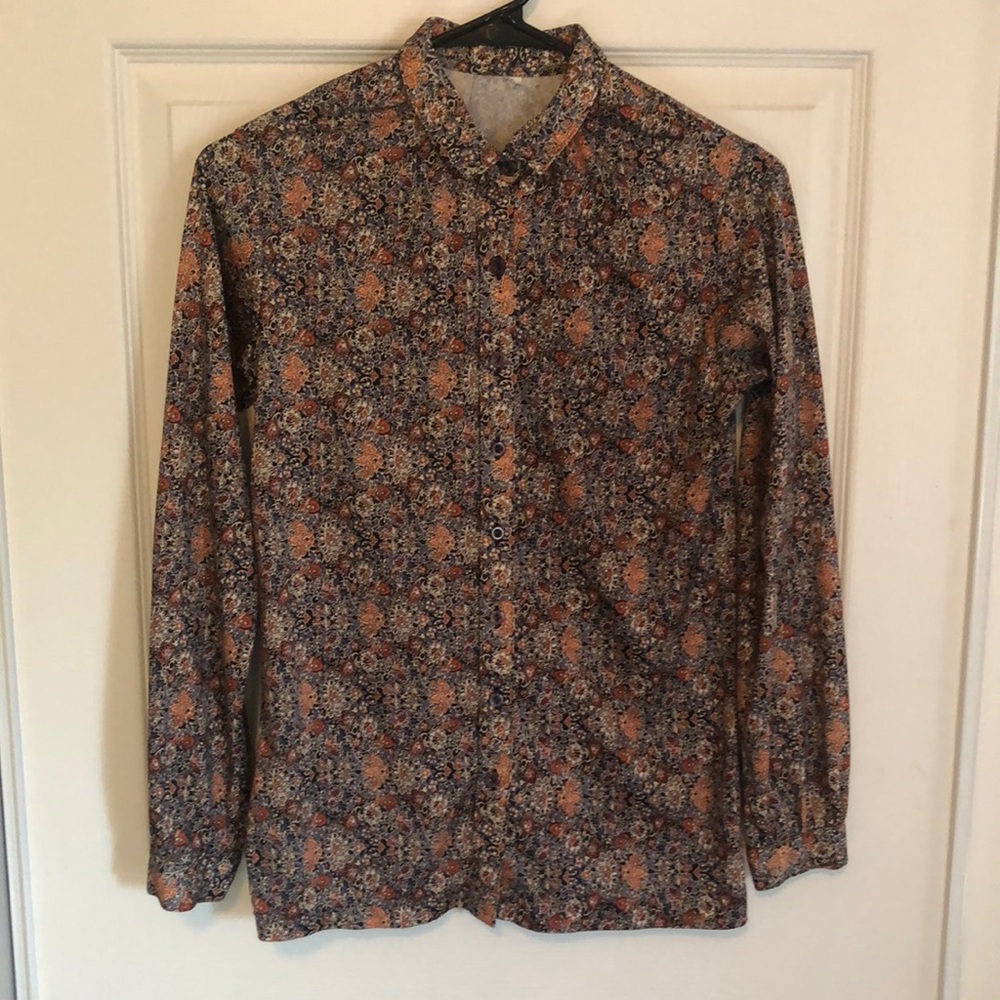VINTAGE 70's Floral Long Sleeve Button Down Polyester Shirt Small